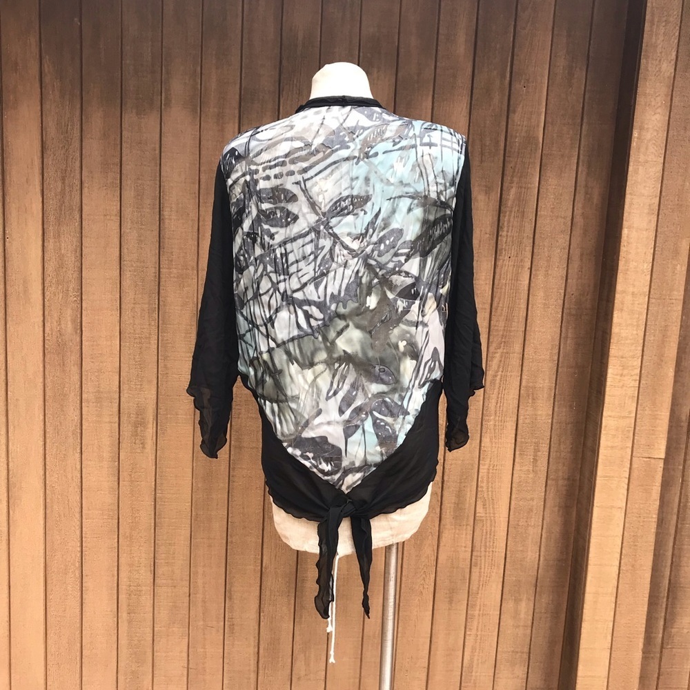 Vintage 80s Sheer Open Blouse Top Abstract Print L - image 7